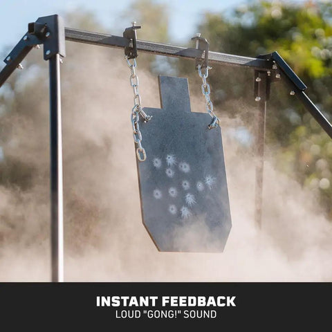 Two Pack AR500 Steel Silhouette Targets For Precision Target Shooting, hanging target with chains, outdoors with dust cloud impact