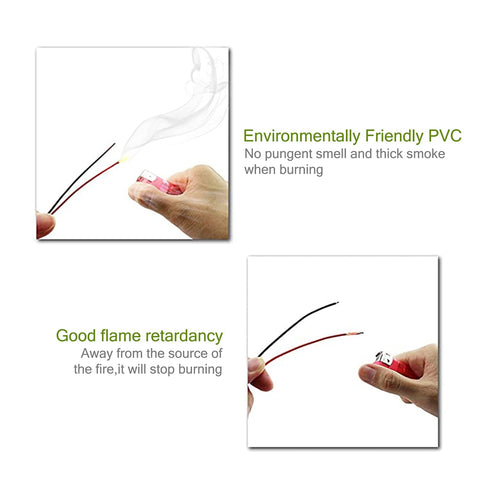 Hands holding wires showing smoke and describing flame retardancy, part of 120 Piece 30cm Jumper Wire Kit With 2.54mm Dupont Cables.