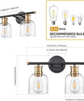 Dual Matte Black Wall Sconce Lights For Bathrooms With Clear Glass Shades And Antique Brass Finish, dimensions illustration