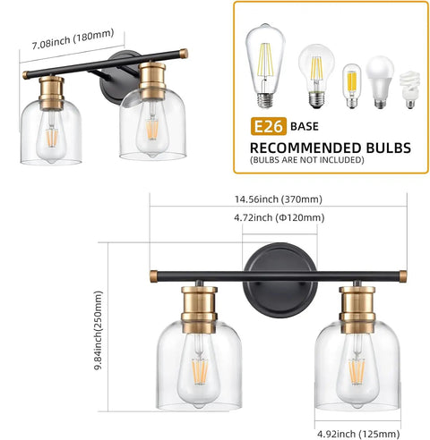 Dual Matte Black Wall Sconce Lights For Bathrooms With Clear Glass Shades And Antique Brass Finish, dimensions illustration