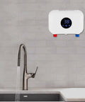 Electric Tankless Water Heater Serving Instant On Demand Hot Water Straight To Your Sink Wall Mounted Setup with digital temp control above sink.