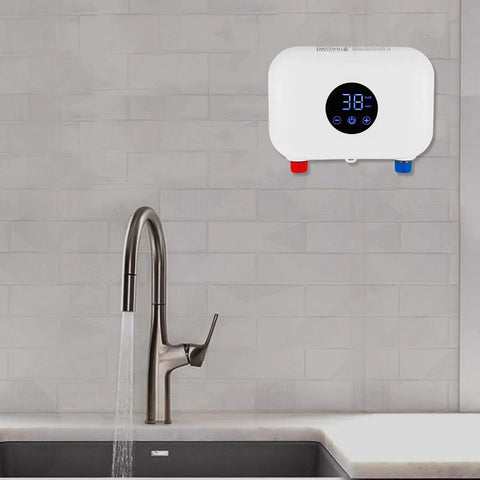 Electric Tankless Water Heater Serving Instant On Demand Hot Water Straight To Your Sink Wall Mounted Setup with digital temp control above sink.