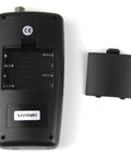 Back view of Portable Velocity Flow Meter For Water Testing showing battery compartment, Easy To Use Flow Gauge Ranging From 0.01 To 5.00 Meters Per Second, cover removed