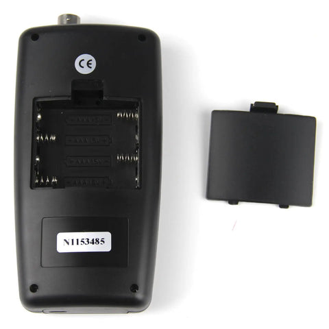Back view of Portable Velocity Flow Meter For Water Testing showing battery compartment, Easy To Use Flow Gauge Ranging From 0.01 To 5.00 Meters Per Second, cover removed