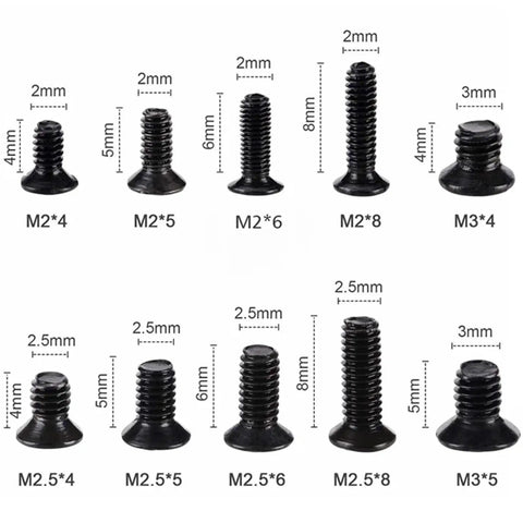 All In One Laptop Repair Screw Kit 500Pcs Black Zinc Plated M2 M2.5 M3 flat head screws for SSD motherboard electronics repair