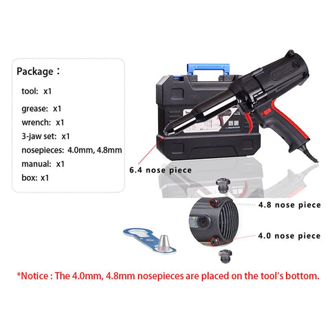 Heavy Duty 600W Electric Rivet Gun For 6.4Mm Blind Pop Rivets With Lightning Fast Nail Kickout And Vibration Dampening Arc Gearbox Solid Grip Power Tool with various nosepieces.