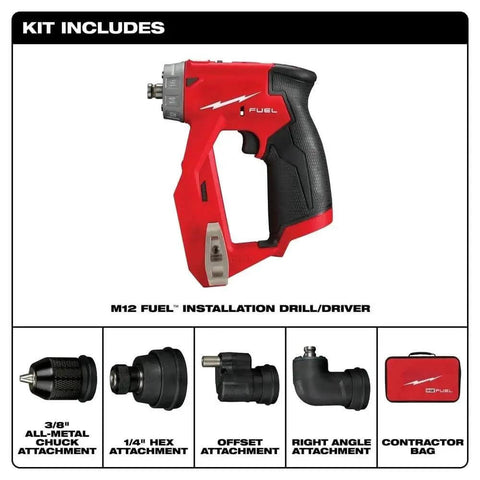 M12 Fuel cordless drill/driver with attachments and contractor bag for tight squeeze workspaces, Badass Cordless Drill Driver Installation Kit With Four Heavy Duty Attachments For Tight Squeeze Workspaces Hella Slick Contractor Bag And Plug And Play Job Site Readiness Tool Only.