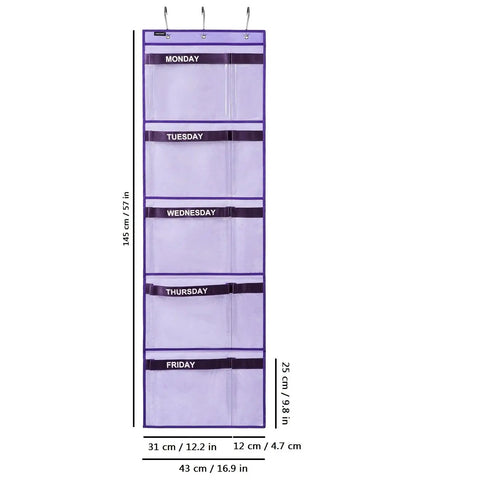 Weekly Kids Closet Hanging Organizer For Monday Through Friday Outfits Purple Thick Nonwoven Bag With Clear Window Panels Straight Up Simple Back To School Wardrobe Storage Hack