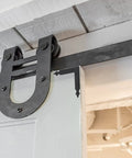 Four Piece L Shaped Corner Brackets Set In Black Carbon Steel For Sliding Barn Doors And Farmhouse Decor Ideal For Garages Gates Shutters Furniture Mirrors Frames And Garden Gates Durable Anti Rust Finish 4.92 Inch Size installed on barn door