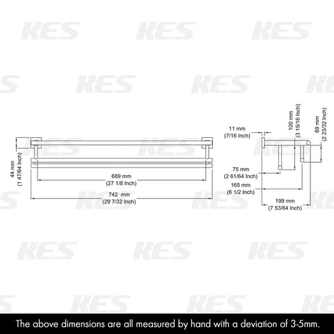 Diagram of Two Towel Rack With Dual Bars And A 20 Inch Shelf For Bathroom Wall Mount In Rustproof SUS304 Stainless Steel Brushed Finish