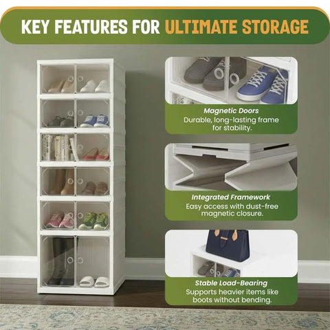 Foldable Six Tier Shoe Rack Organizer With Clear Magnetic Doors Space Saving Holds Up To 12 Pairs Of Shoes Heavy Duty Slim Vertical Cabinet