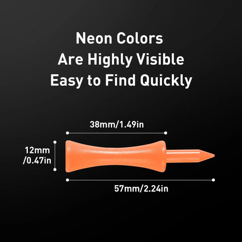 Castle Golf Tees Two And One Quarter Inch With Stopper 50 Pack Pro Grade Durable Plastic Tees For Consistent Height On Par 3 Holes Assorted Orange Purple Pink For Men And Women. Orange golf tee dimensions, neon color, easy to find.
