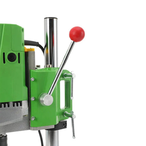 Close-up of the control lever on a Heavy Duty 710W Bench Drill Stand For Hand Drill, Mini Electric Drill Press, metal construction.