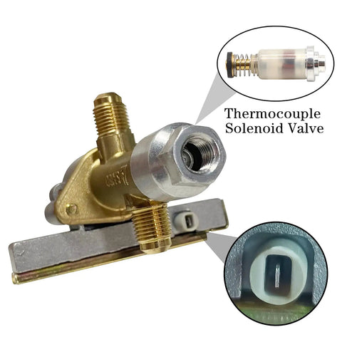 CSA Certified Gas Safety Control Valve With Piezo Ignition For Propane Patio Heaters, one half PSI brass valve, close-up.