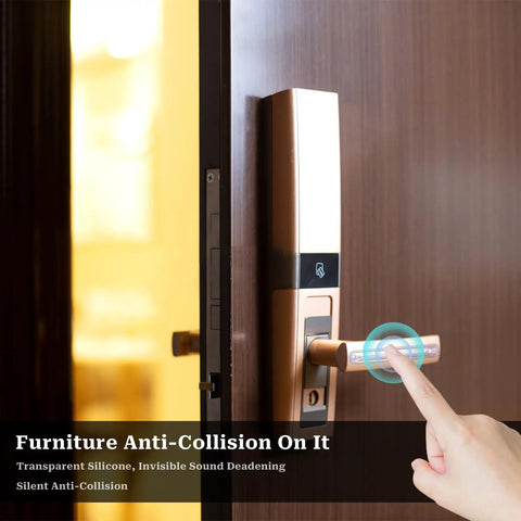 Rock Solid Silicone Cabinet Door Bumpers With Hella Strong Adhesive, Clear Furniture Protectors For Walls Drawers And Shower Doors, 6 Pack Easy Peel Stick Guards on door handle.