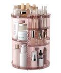 Transparent pink Eight Height Adjustable Spinning Makeup Organizer With 360 Degree Spin Cosmetic Display Carousel for bathroom.