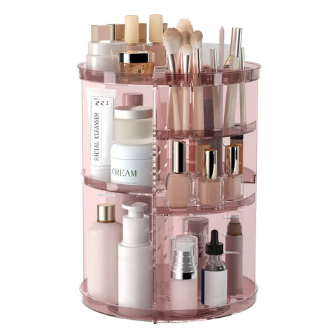 Transparent pink Eight Height Adjustable Spinning Makeup Organizer With 360 Degree Spin Cosmetic Display Carousel for bathroom.