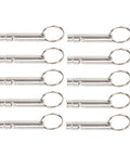 Versatile Emergency Whistle Kit 10 Pack Alloy Safety Whistles with Keychains for outdoor use displayed in rows