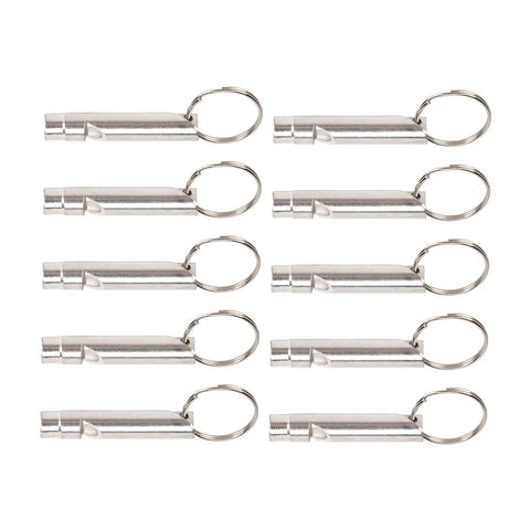 Versatile Emergency Whistle Kit 10 Pack Alloy Safety Whistles with Keychains for outdoor use displayed in rows