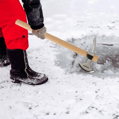 Person using 2 In 1 Garden Pickaxe And Mattock Tool 16 Inch Stainless Steel Hatchet Axe in snow for ice breaking outdoor DIY