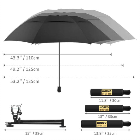 A Zero Stress UV Defense This Upf Fifty Plus Golf Umbrella, black, measures 53.2" with a heavy-duty clamp and three pole sizes.