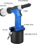 Pneumatic Blind Rivet Gun Kit With Self Priming Action Quick Change Nosepieces For Common Rivet Sizes, parts labeled.