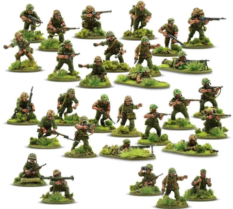 Pacific Theater US Marines Bolt Action 28mm miniatures set, unpainted plastic tabletop figures for WWII gaming and collectors.