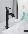 Oil Rubbed Bronze Vessel Sink Faucet With Tall Waterfall Spout Single Hole Deck Mount One Handle Farmhouse Style Bathroom Faucet