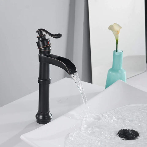 Oil Rubbed Bronze Vessel Sink Faucet With Tall Waterfall Spout Single Hole Deck Mount One Handle Farmhouse Style Bathroom Faucet