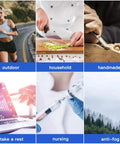 Collage of various activities: jogging, chopping food, woodworking, using a laptop, administering a shot, foggy forest landscape.