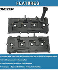 Valve Cover Kit With Gaskets, Bolts, Oil Filler Cap And PCV Valve For 2004 To 2017 Nissan NV2500 NV3500 Armada Titan Pathfinder And 2004 To 2010 Infiniti QX56 5.6L Replacement 13264ZE01A 13264ZE00A displayed with installation features overview.