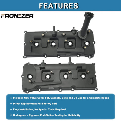Valve Cover Kit With Gaskets, Bolts, Oil Filler Cap And PCV Valve For 2004 To 2017 Nissan NV2500 NV3500 Armada Titan Pathfinder And 2004 To 2010 Infiniti QX56 5.6L Replacement 13264ZE01A 13264ZE00A displayed with installation features overview.