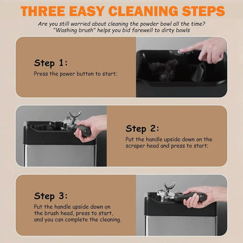 Three easy cleaning steps for Electric Espresso Knock Box Featuring Automatic Portafilter Scraper For 51mm 58mm Handles.