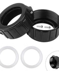 Front view of two-pack 2-inch spa heater split nut unions with screws and white gaskets; black plastic.