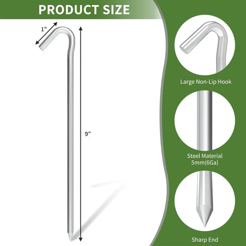"Heavy Duty 9 Inch Metal Tent Stakes, 25 Pack, Anti Rust Galvanized Steel Ground Stakes with size details, 9-inch length."
