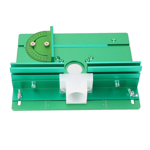 Heavy Duty Anodized Aluminum Router Lift Tool With Knockout Height Calibration And Rock Solid Flip Base Insert Plate, top view showing adjustments.