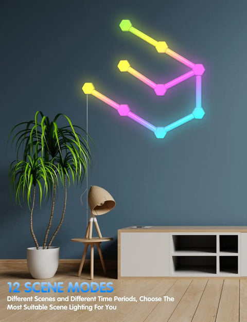 RGBW LED Wall Light Panels With WiFi Control Hexagon And Line Kit mounted on modern living room wall.