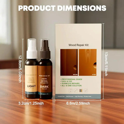 Easy Wood Repair Kit For Floors And Furniture Instant Scratch Remover with two bottles showing light and dark wood repair options