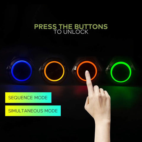 Hand pressing multicolor buttons for Next Level Four Color Metal Button Props With 12V Magnetic Lock