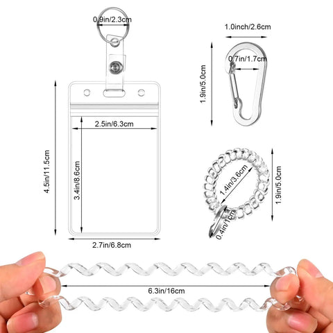 Grab And Go Two Card Wrist Coil ID Holder With Multitool Carabiner Clip and Stretchable Spiral Wristband Key Ring dimensions.