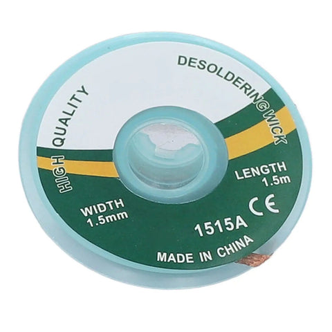 5 Pcs Solder Wick 1.5mm Alloy Copper Desoldering Braid 1 Meter, close-up of spool showing dimensions and labels, for electronics