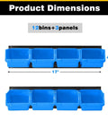 Wall Mounted Storage Bins System With 12 Sturdy Plastic Bins And 3 Steel Rails For Screws Nuts Bolts Nails And Small Hardware Parts Blue Garage Organization To Keep Your Workshop Lookin Neat And Ready, showing two rows of 17 inch wide blue bins.