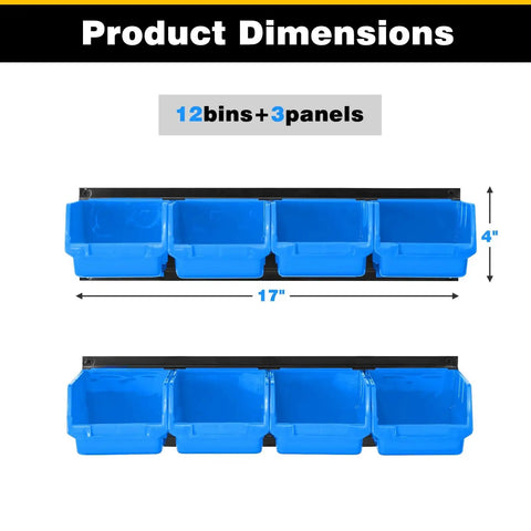 Wall Mounted Storage Bins System With 12 Sturdy Plastic Bins And 3 Steel Rails For Screws Nuts Bolts Nails And Small Hardware Parts Blue Garage Organization To Keep Your Workshop Lookin Neat And Ready, showing two rows of 17 inch wide blue bins.