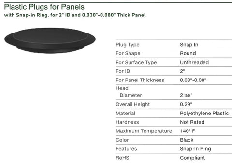 2 Inch Flush Mount Black Polyethylene Hole Plug For Sheet Metal For 2 Inch ID Holes Panel Thickness 0.03 To 0.08 Inches Head Diameter 2 3/8 Inches Pack Of 10