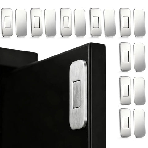 Get These Super Sleek 8Pcs Ultra Thin Magnetic Cabinet Door Catches For A No Drill Install that shows silver stainless steel catches on a cabinet.