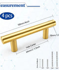 Image showing measurements of Brushed Gold Cabinet Handles Set Of Four For Kitchen Cabinets And Drawers Two And A Half Inch Center Hole Four Inch Overall Length One And One Quarter Inch Height Stainless Steel T Bar Pulls Sleek Durable Easy Install