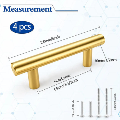 Image showing measurements of Brushed Gold Cabinet Handles Set Of Four For Kitchen Cabinets And Drawers Two And A Half Inch Center Hole Four Inch Overall Length One And One Quarter Inch Height Stainless Steel T Bar Pulls Sleek Durable Easy Install