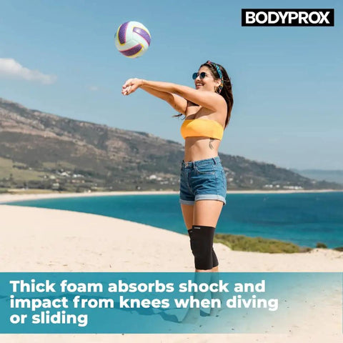 Person wearing protective knee pads with thick foam padding for maximum cushioning and collision avoidance knee sleeve.