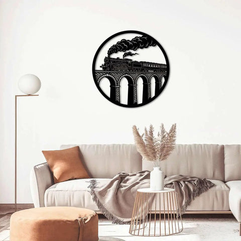 Vintage Steam Locomotive Metal Wall Art For Indoor And Outdoor Decor Dope Iron Silhouette Sign For Living Room Office Apartment Exquisite Home Decoration Black 16 Inch displayed over a sofa.