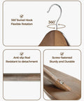 Close-up of Premium Vintage Wood Hangers 12-Pack showcasing 360° swivel hook, anti-slip rod, and screw-fastened design.